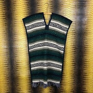 VINTAGE Heavy Mexican Blanket Green Poncho Jacket